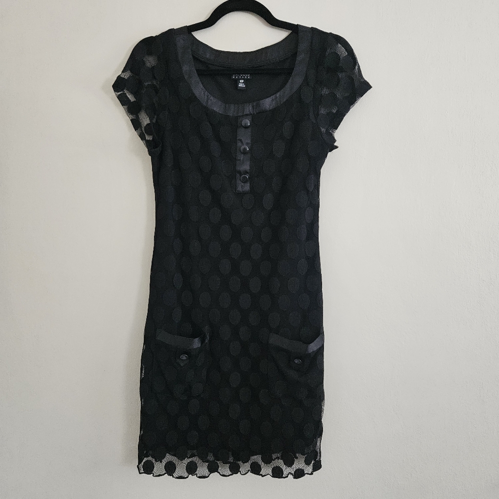 En Focus Petite Black Polka Dot Mini Shift Dress Pockets Lined Button Detail 10P